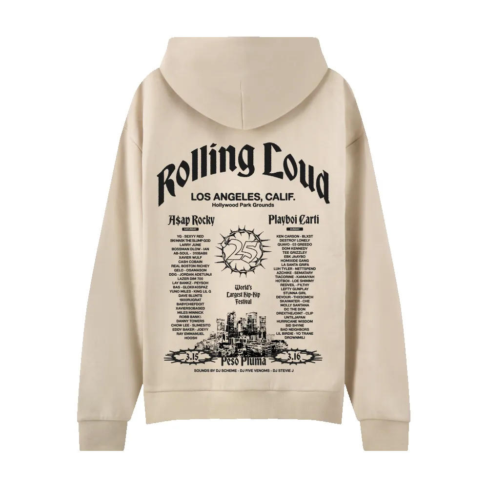 RL LA 25 Ivory Lineup Hoodie sold by Rolling Loud Merch