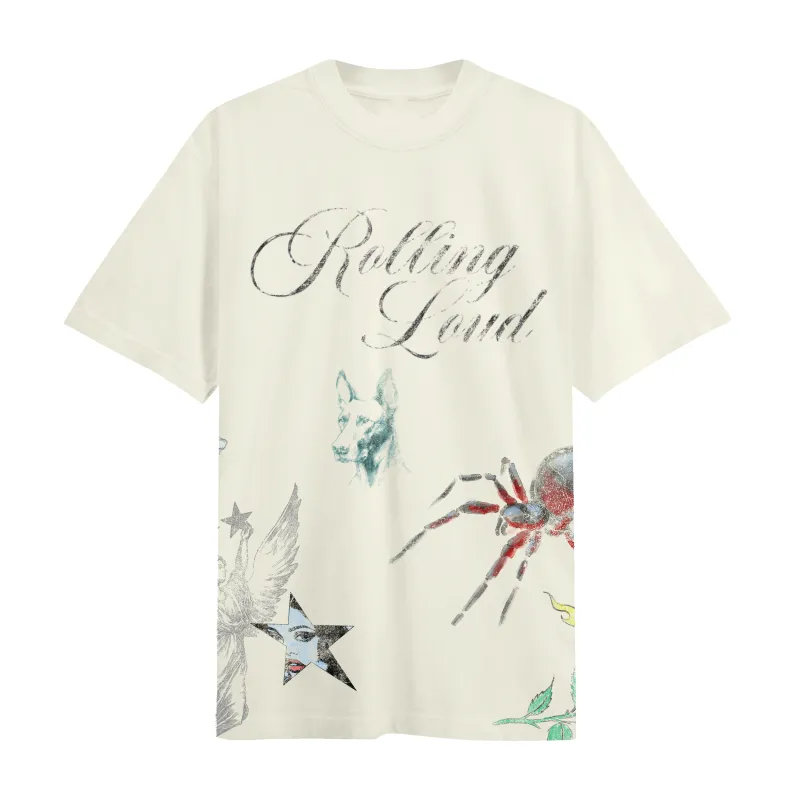 RL Black Book AOP Cream Tee sold by Rolling Loud Merch