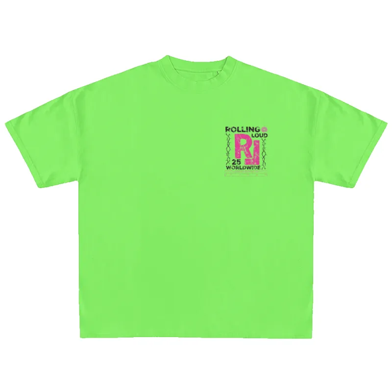 RL LA 25 Boxed In Lime Green Lineup Tee sold by Rolling Loud Merch
