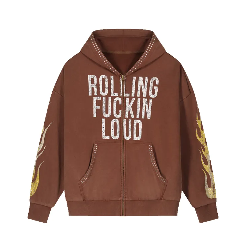 RL RFL SUNWASHED BLING BROWN ZIP HOODIE made by Rolling Loud Merch