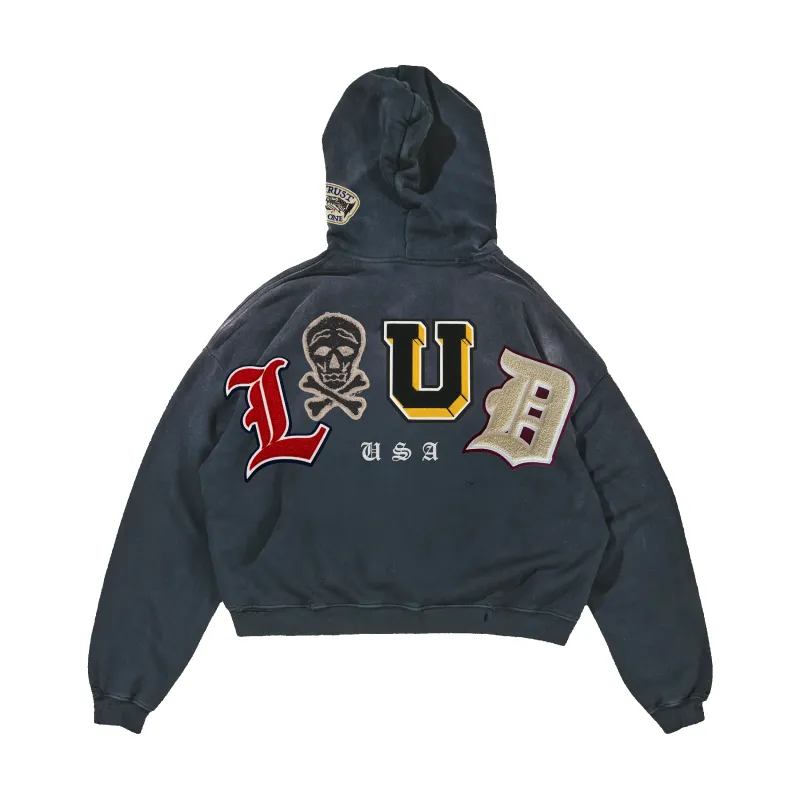 RF Loud Chenille Washed Black Zip Hoodie made by Rolling Loud Merch