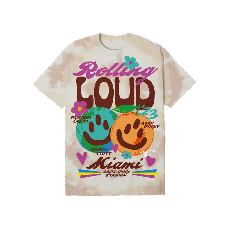 RL Miami 23 Happy Vintage Tan Tie Dye Tee sold by Rolling Loud Merch
