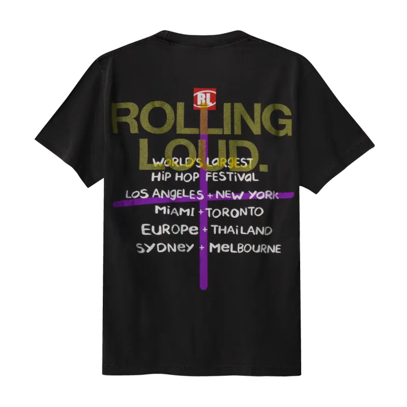 RL World Tour Dept. Vintage Black Reverse Tee sold by Rolling Loud Merch