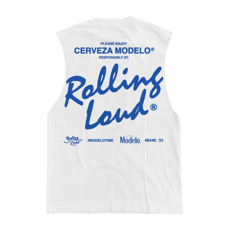 RL X Modelo Enjoy White Muscle Tank sold by Rolling Loud Merch