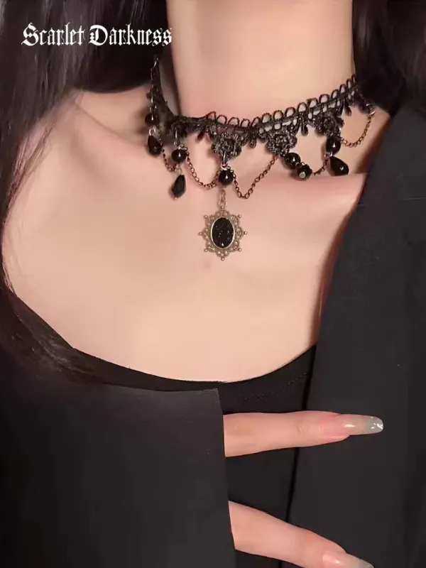 Gothic Lace Black Gemstone Necklace made by Scarlet Darkness
