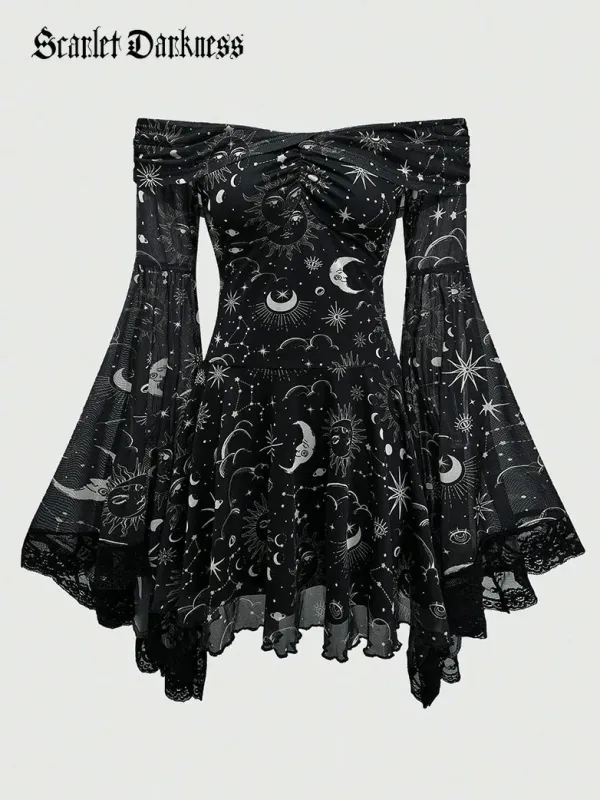 Gothic Whimsical Off Shoulder Bell Sleeve Witch Dress made by Scarlet Darkness