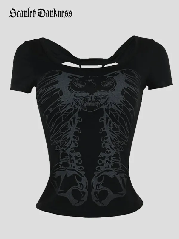 Women Skull Print Hollow Backless T-shirt made by Scarlet Darkness