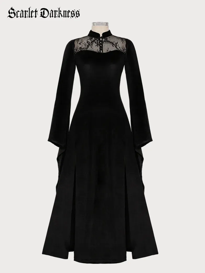 Victorian Gothic Stand Collar Lace Velvet Slit Dress sold by Scarlet Darkness product image thumbnail 5