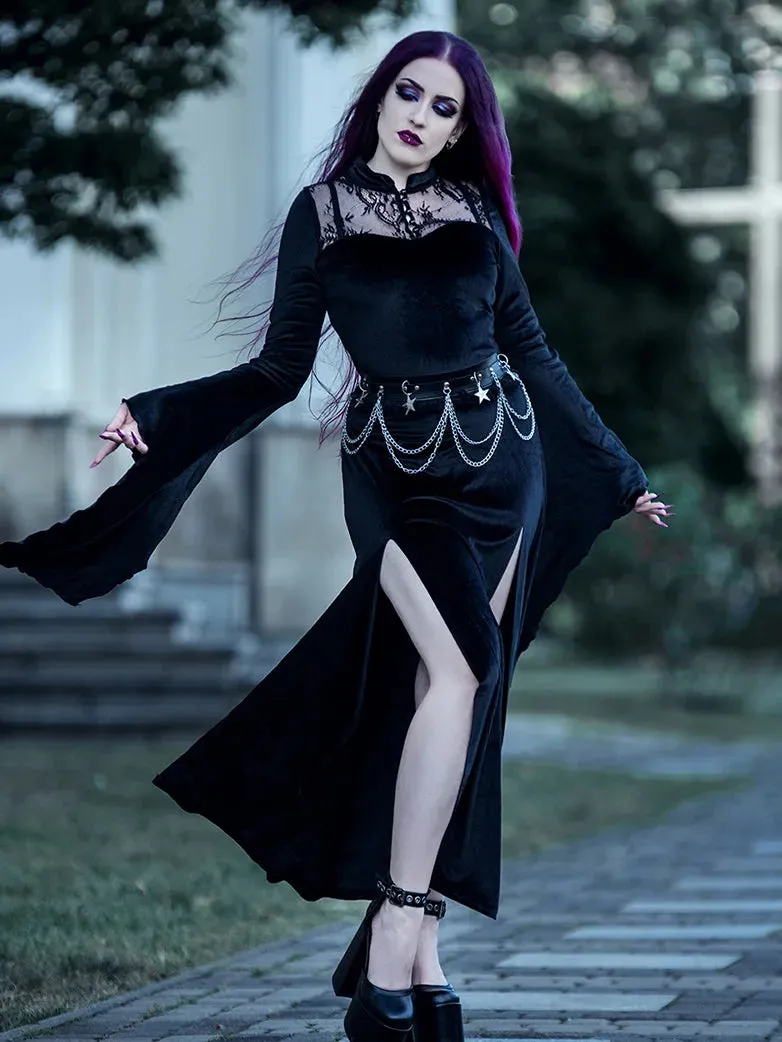 Victorian Gothic Stand Collar Lace Velvet Slit Dress sold by Scarlet Darkness product image thumbnail 2