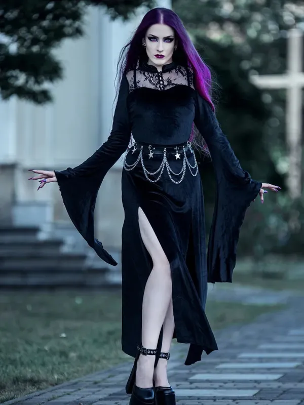 Victorian Gothic Stand Collar Lace Velvet Slit Dress made by Scarlet Darkness