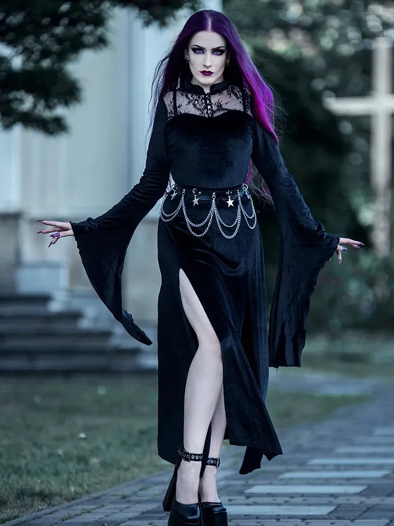 Victorian Gothic Stand Collar Lace Velvet Slit Dress sold by Scarlet Darkness