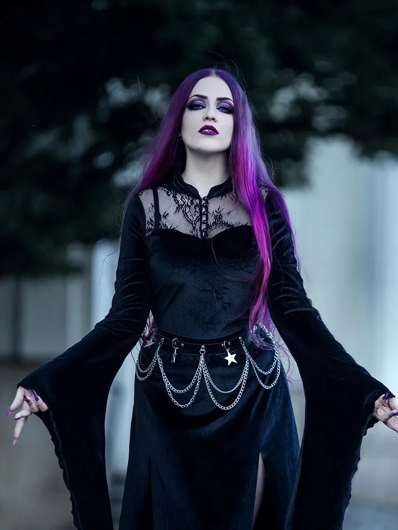 Victorian Gothic Stand Collar Lace Velvet Slit Dress sold by Scarlet Darkness product image thumbnail 3