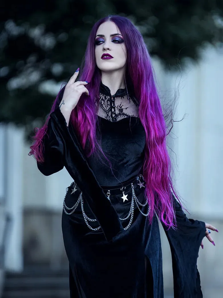 Victorian Gothic Stand Collar Lace Velvet Slit Dress sold by Scarlet Darkness product image thumbnail 4