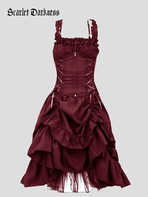 Gothic Dark Romance Irregular Hem Lace Dress with Tie Waist made by Scarlet Darkness