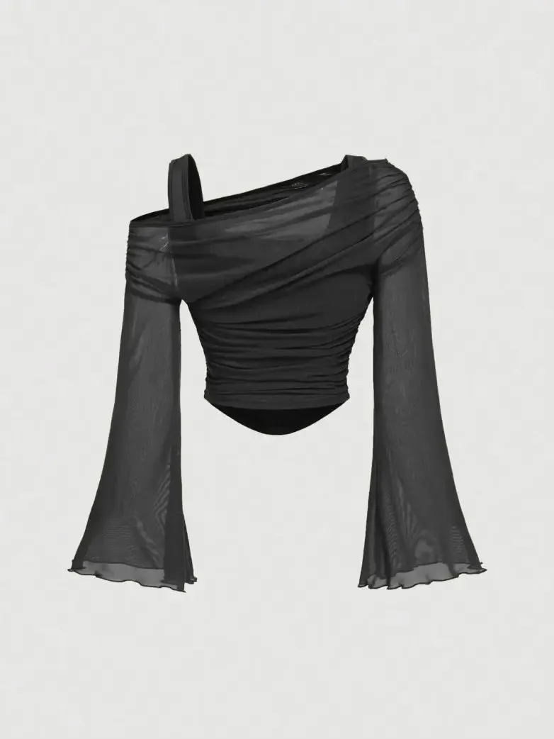Gothic Mesh Asymmetrical Ruffled Long-Sleeve Shirt sold by Scarlet Darkness product image thumbnail 3