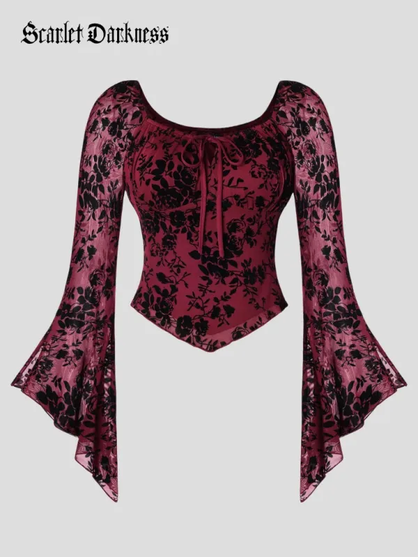 Gothic Flocking Fabric Top with Bell Sleeves made by Scarlet Darkness