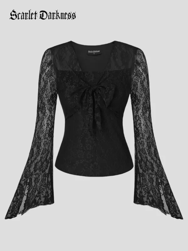 Gothic Lace Bell Sleeve Top with Bow Tie Front made by Scarlet Darkness