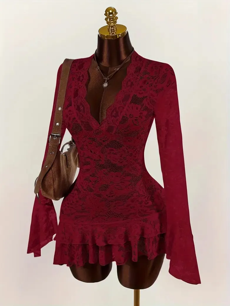Gothic Lace Long Sleeve Mini Dress with V neck sold by Scarlet Darkness product image thumbnail 3