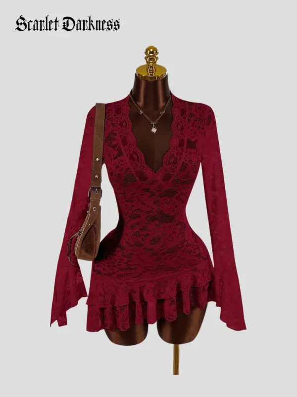 Gothic Lace Long Sleeve Mini Dress with V neck made by Scarlet Darkness