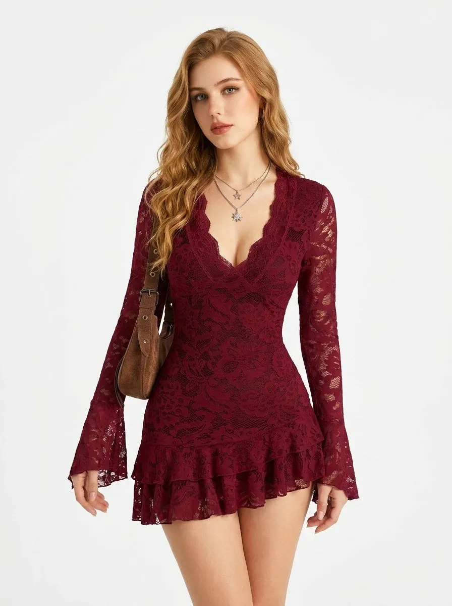 Gothic Lace Long Sleeve Mini Dress with V neck sold by Scarlet Darkness product image thumbnail 2
