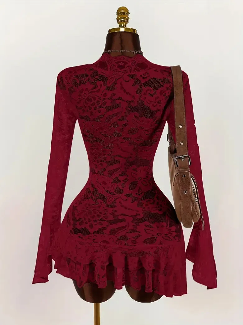 Gothic Lace Long Sleeve Mini Dress with V neck sold by Scarlet Darkness product image thumbnail 4