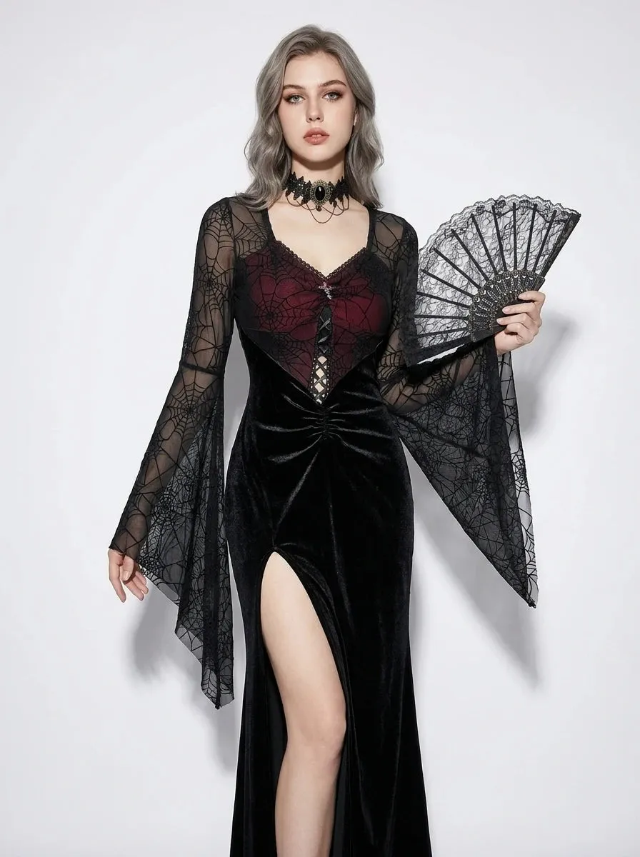 Spiderweb Lace Sleeve Gothic Dress with Thigh Slit sold by Scarlet Darkness product image thumbnail 2