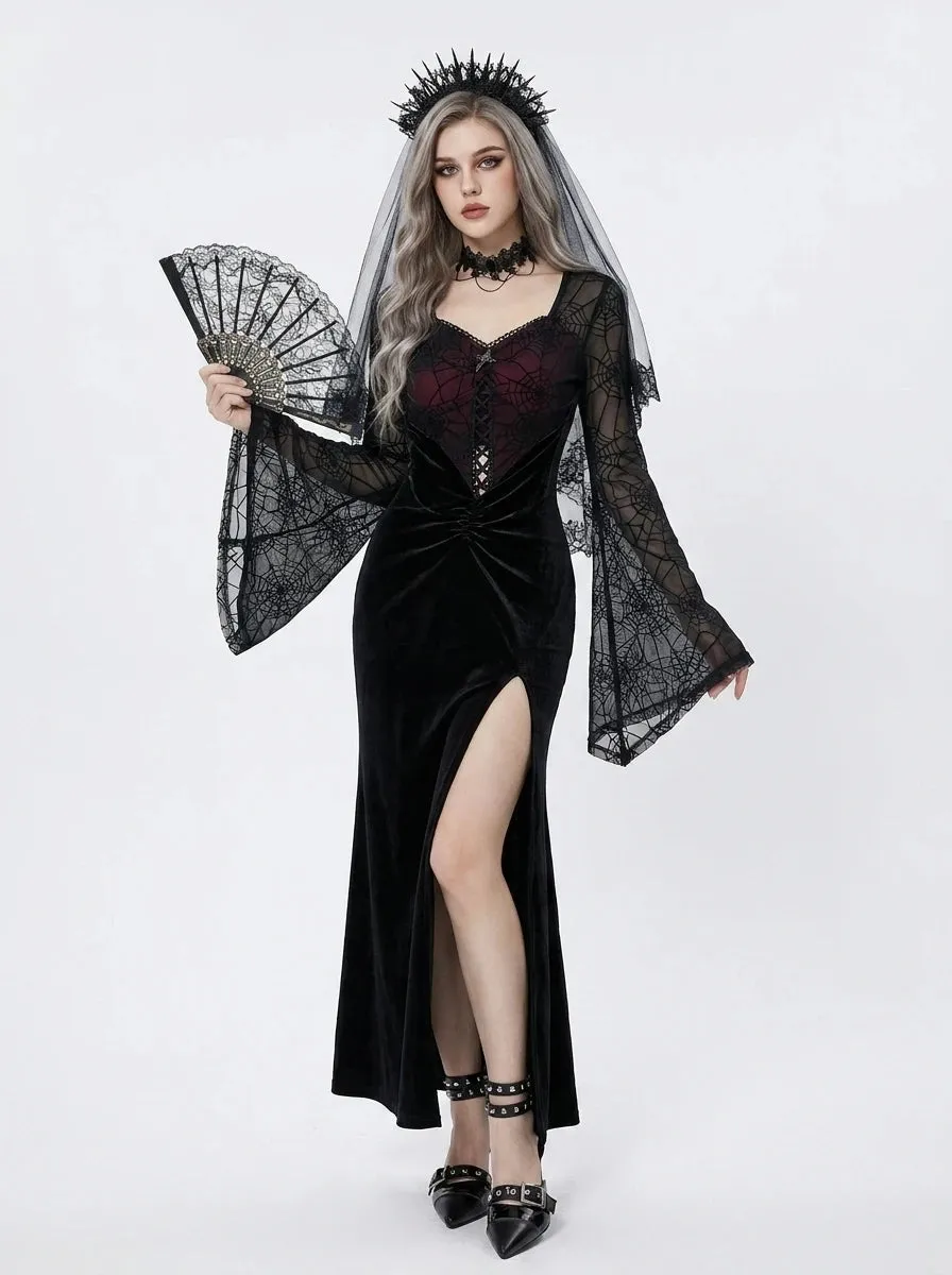 Spiderweb Lace Sleeve Gothic Dress with Thigh Slit sold by Scarlet Darkness product image thumbnail 4