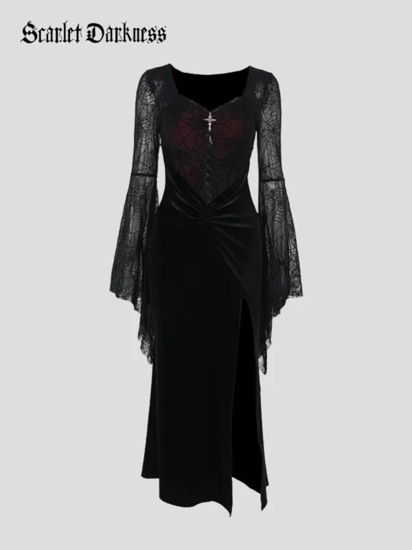 Spiderweb Lace Sleeve Gothic Dress with Thigh Slit made by Scarlet Darkness