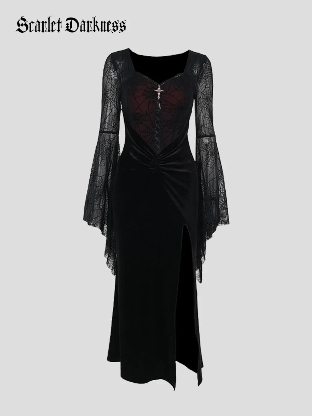 Spiderweb Lace Sleeve Gothic Dress with Thigh Slit sold by Scarlet Darkness