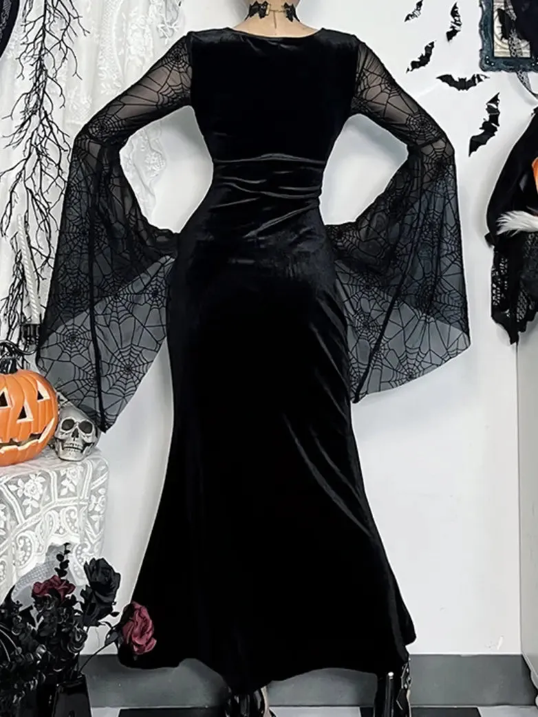 Spiderweb Lace Sleeve Gothic Dress with Thigh Slit sold by Scarlet Darkness product image thumbnail 5