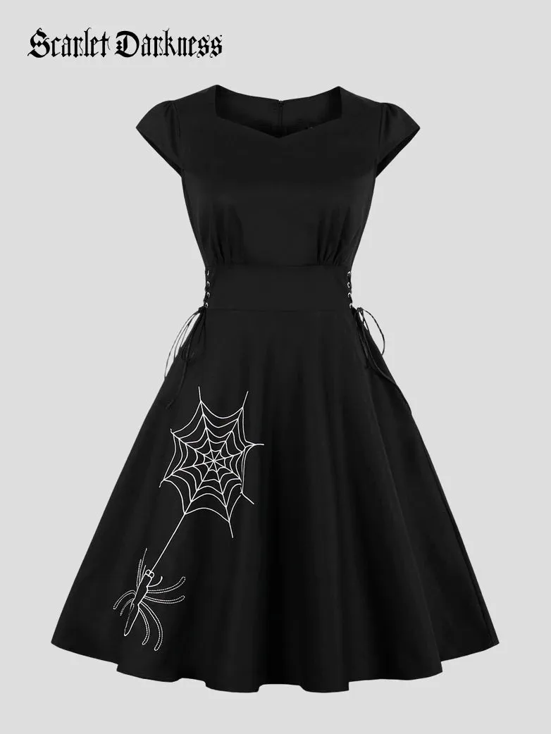 Women’s Gothic Spiderweb Swing Dress with Side Lace Up sold by Scarlet Darkness