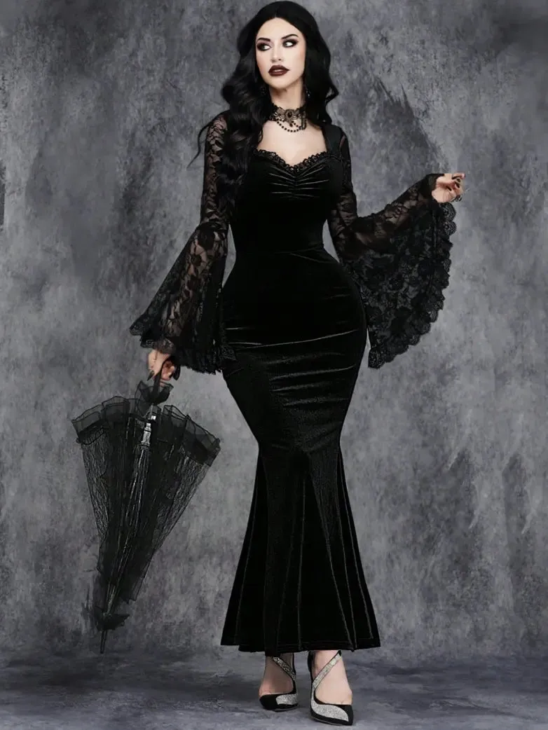 Gothic Velvet Maxi Dress with Lace Bell Sleeves sold by Scarlet Darkness product image thumbnail 3