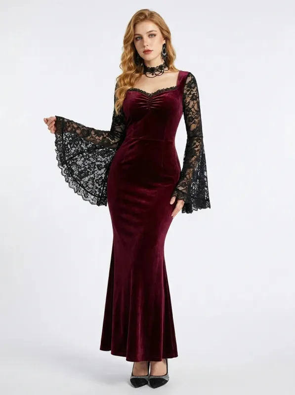 Gothic Velvet Maxi Dress with Lace Bell Sleeves made by Scarlet Darkness