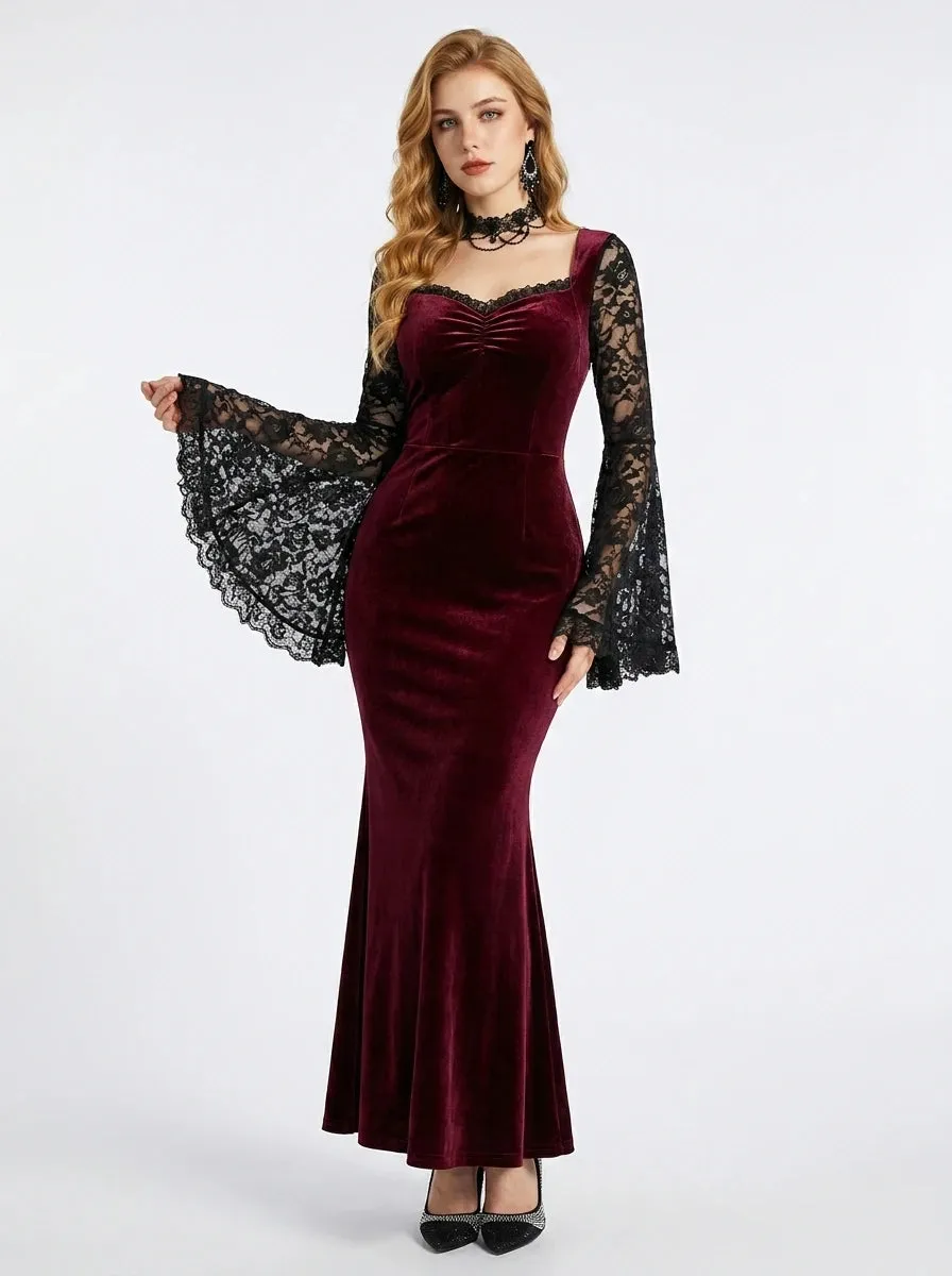 Gothic Velvet Maxi Dress with Lace Bell Sleeves sold by Scarlet Darkness