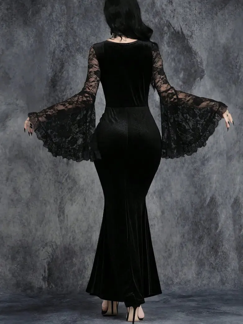 Gothic Velvet Maxi Dress with Lace Bell Sleeves sold by Scarlet Darkness product image thumbnail 5