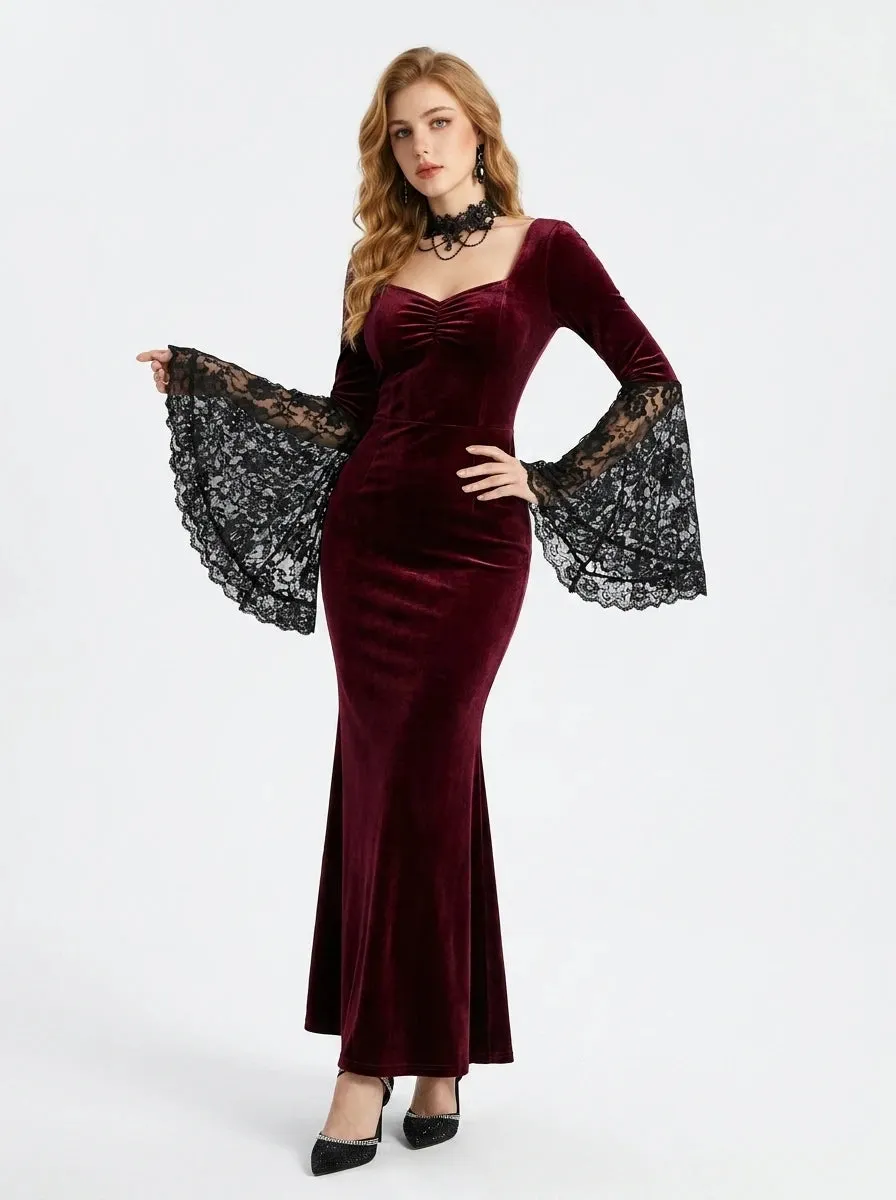 Gothic Velvet Maxi Dress with Lace Bell Sleeves sold by Scarlet Darkness product image thumbnail 2
