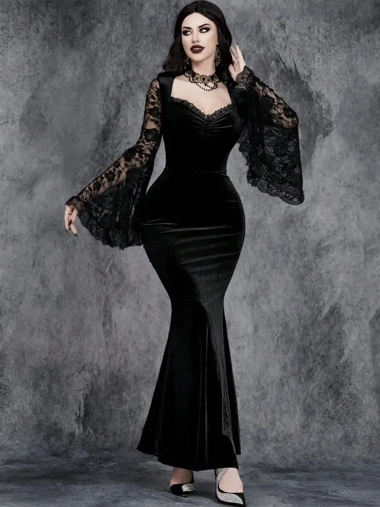 Gothic Velvet Maxi Dress with Lace Bell Sleeves sold by Scarlet Darkness product image thumbnail 4