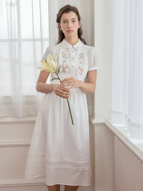 【Final Sale】Maryam Floral Embroidery Puff Sleeve Button Front Shirt Dress sold by Simple Retro