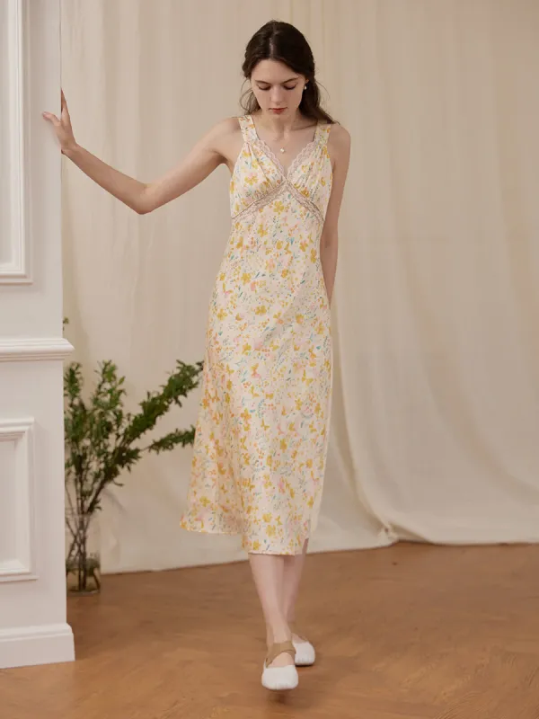 【Final Sale】Annie Printed Lace Yellow Midi Nightgown made by Simple Retro