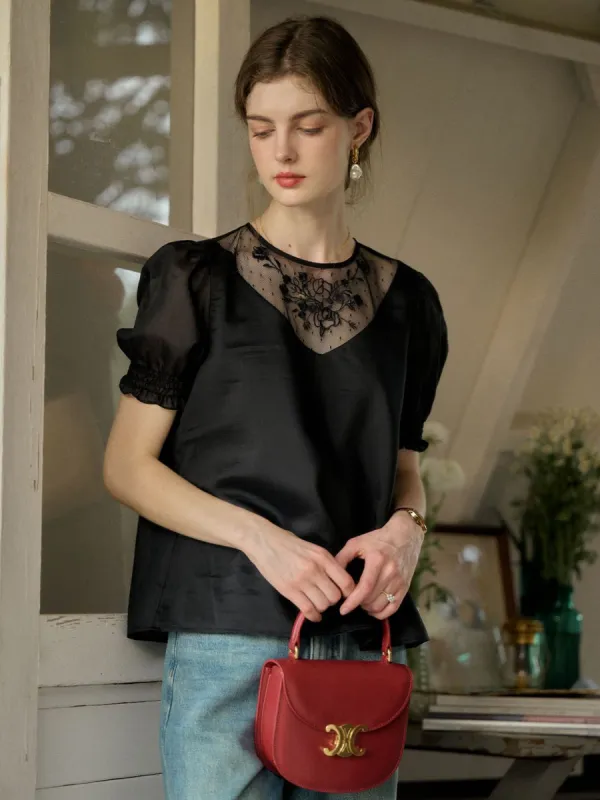Khloe Round Neck Mesh Embroidered Puff Sleeve Blouse sold by Simple Retro