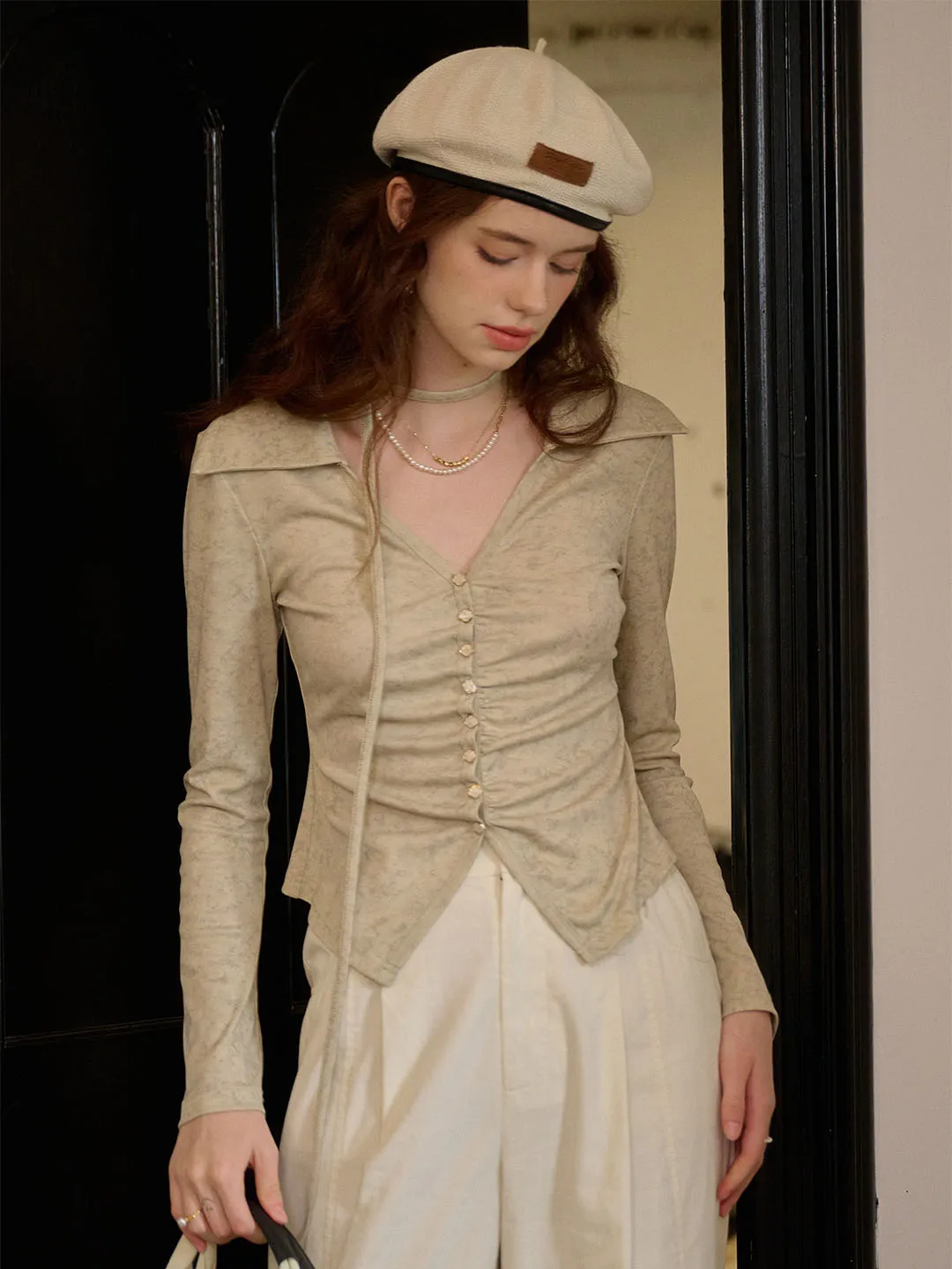 【Final Sale】Kaliyah V-neck Pleated Button Printed Knitted Cardigan sold by Simple Retro