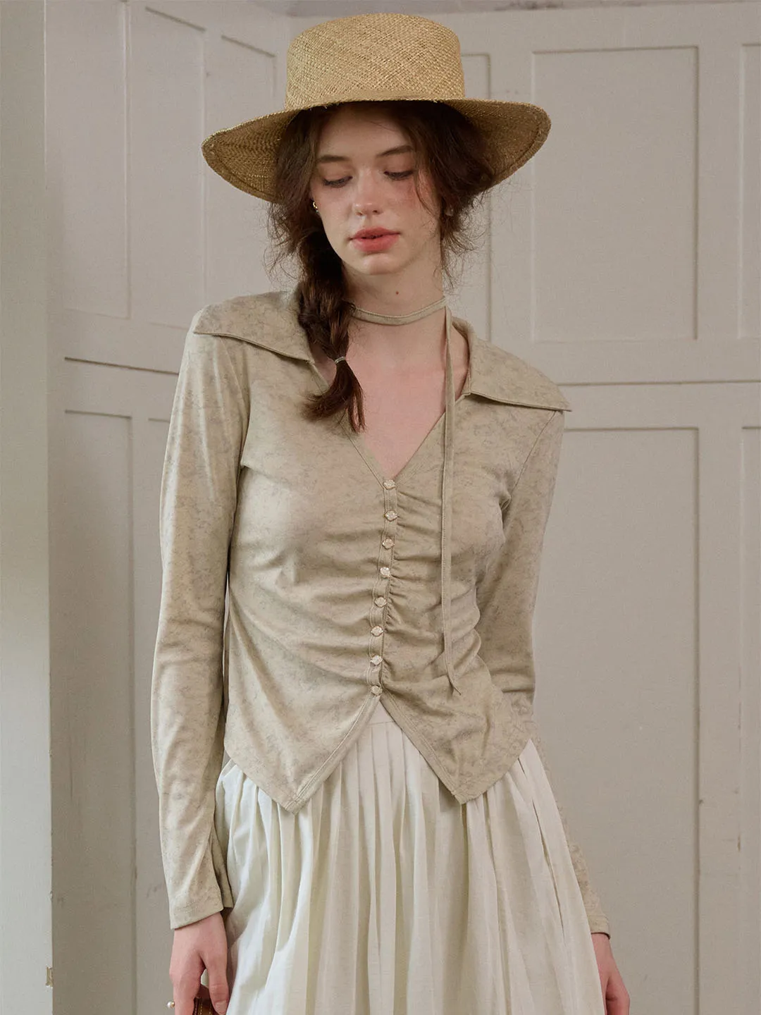 【Final Sale】Kaliyah V-neck Pleated Button Printed Knitted Cardigan sold by Simple Retro product image thumbnail 2