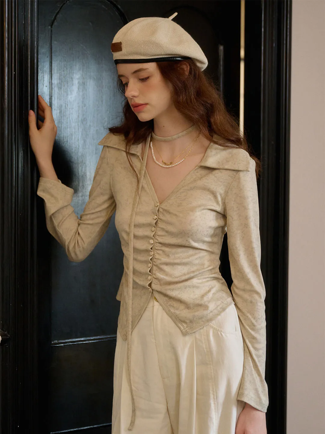 【Final Sale】Kaliyah V-neck Pleated Button Printed Knitted Cardigan sold by Simple Retro product image thumbnail 5