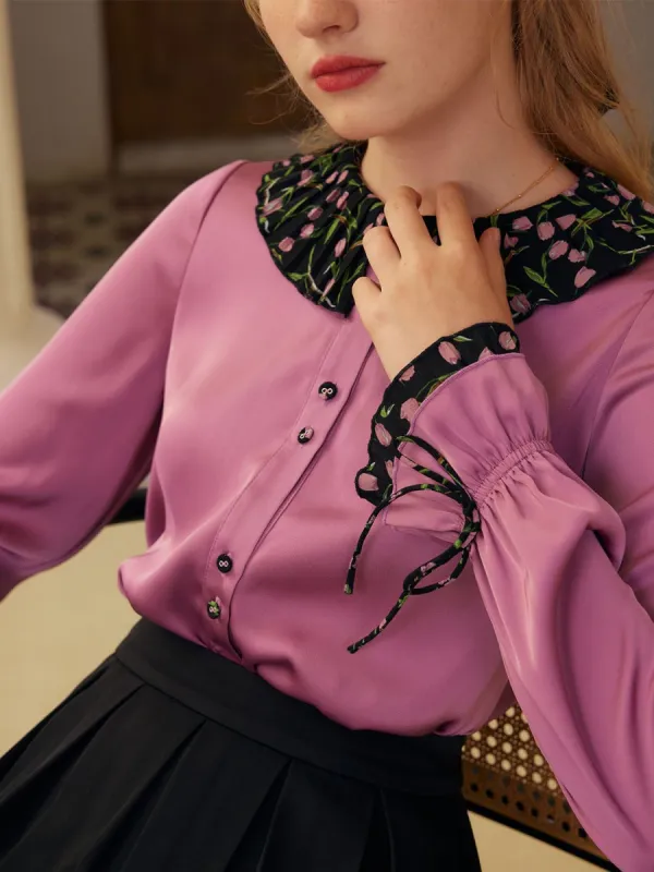 Hazel Contrast Lapel Trumpet Sleeves Blouse sold by Simple Retro