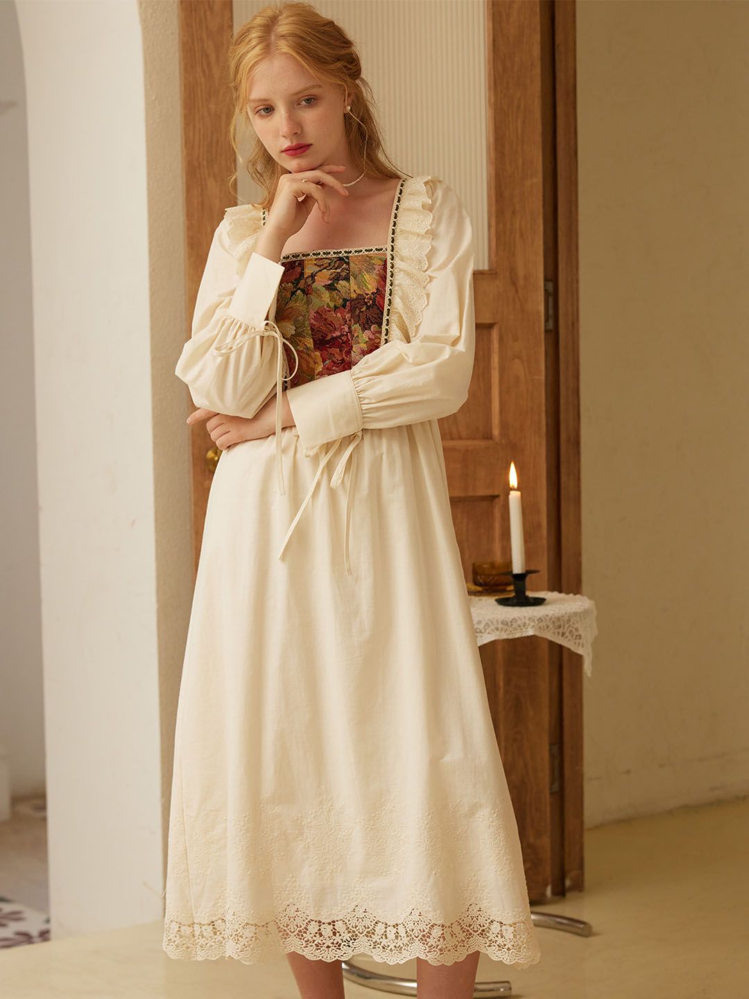 Gianna Elegant Square Neck Lace Patchwork Cotton Dress sold by Simple Retro product image thumbnail 4