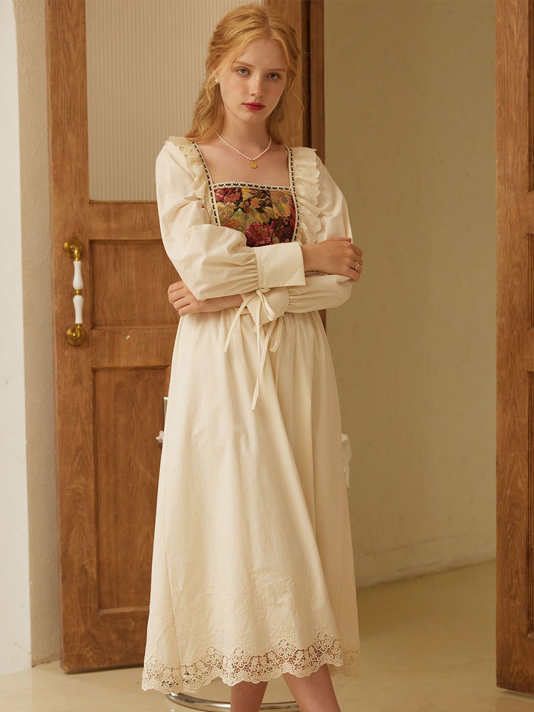 Gianna Elegant Square Neck Lace Patchwork Cotton Dress sold by Simple Retro product image thumbnail 5