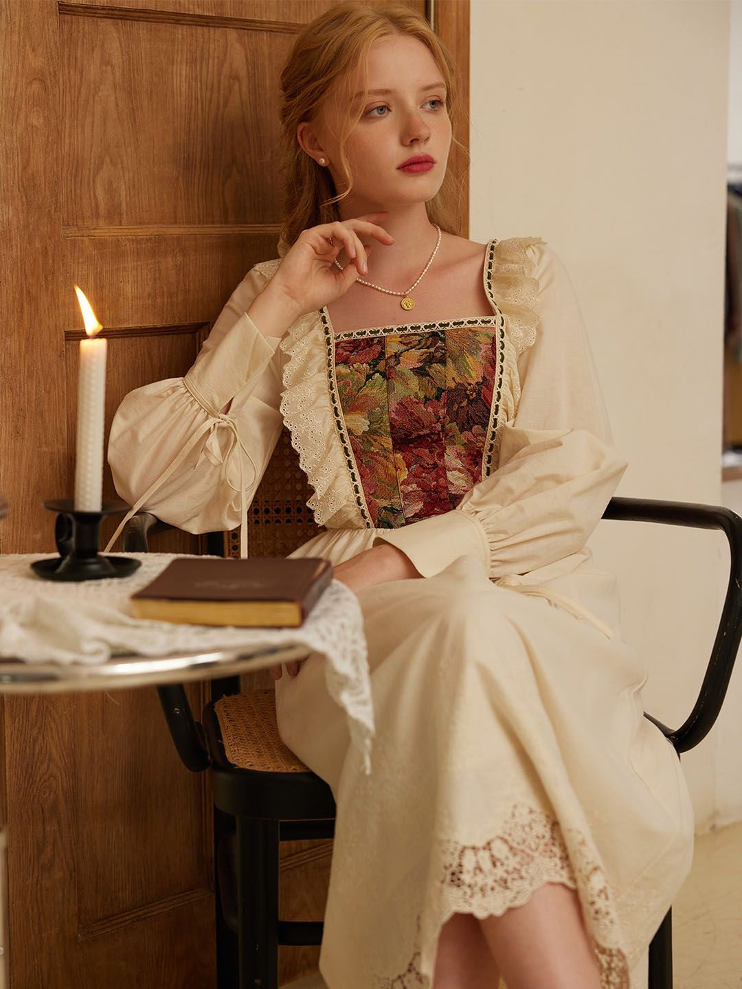 Gianna Elegant Square Neck Lace Patchwork Cotton Dress sold by Simple Retro product image thumbnail 2