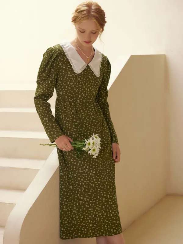 Lilith Floral Large Lapel Olive Green Dress sold by Simple Retro