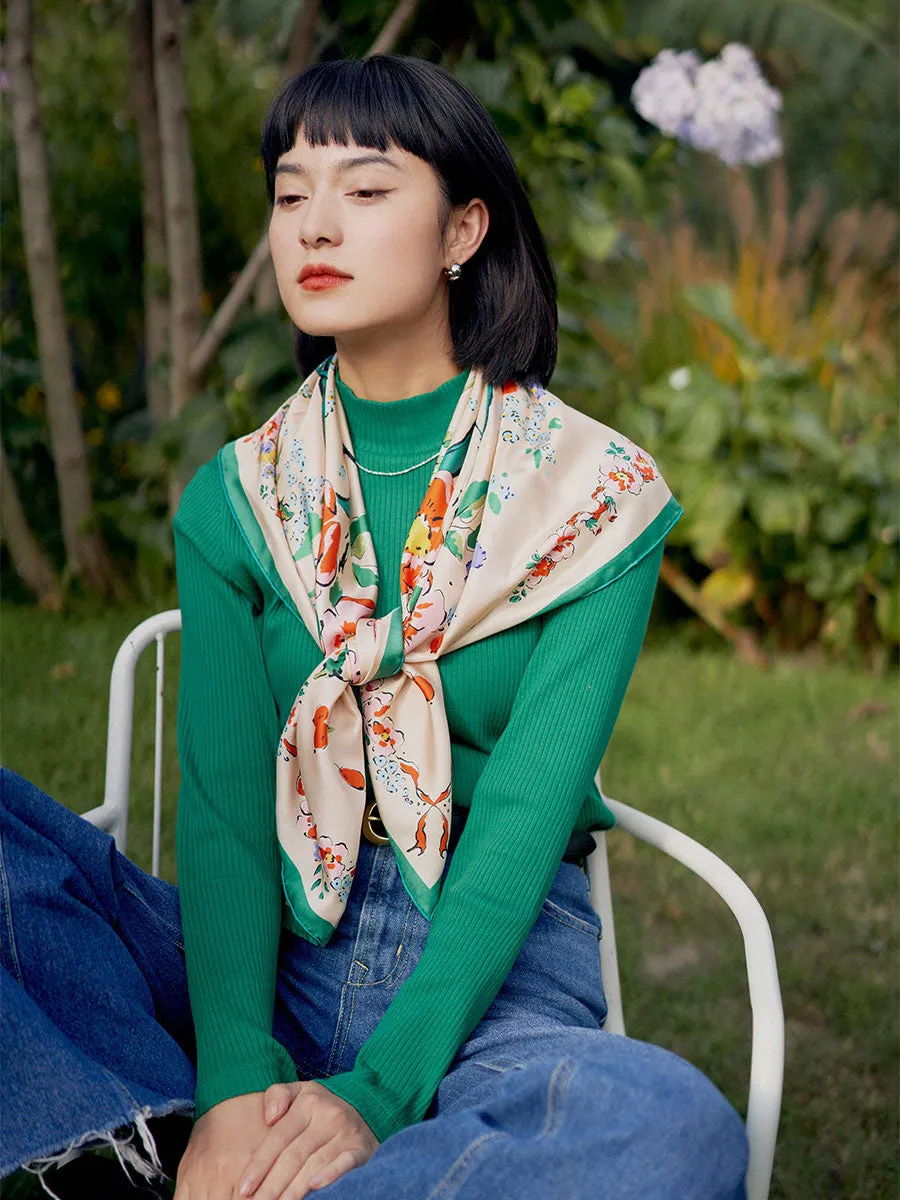 Chowxiaodou Rose Print Twill Silk Square Scarf-Pink sold by Simple Retro product image thumbnail 2