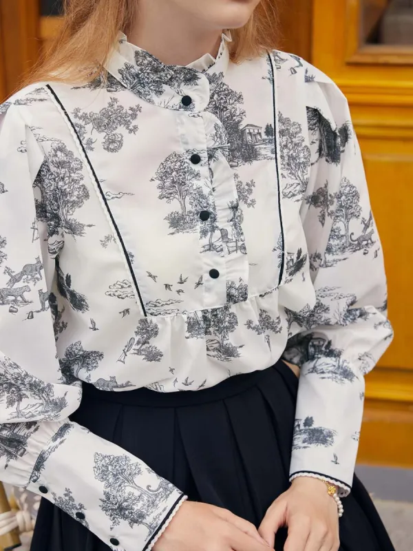 Maddie Vintage Mock Neck Ruffled Paneled Blouse-White&Black sold by Simple Retro